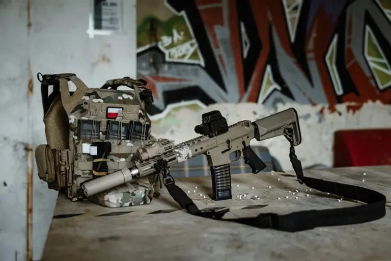 A custom-built airsoft rifle and tactical gear setup on a tech bench, ready for field testing in Benoni.